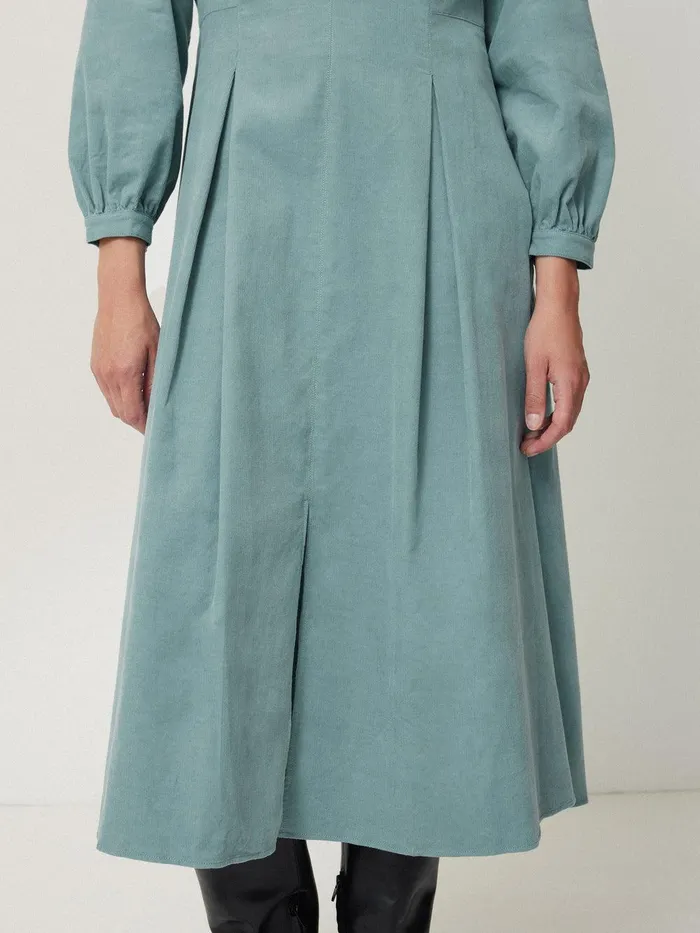 Women Corduroy V Neck Dress Blue Jigsaw Dresses and Jumpsuits