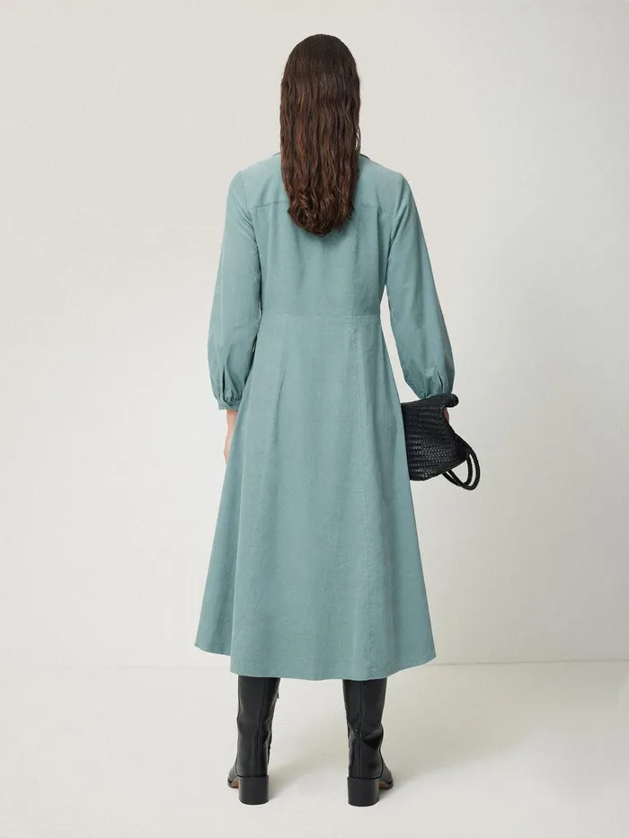 Women Corduroy V Neck Dress Blue Jigsaw Dresses and Jumpsuits