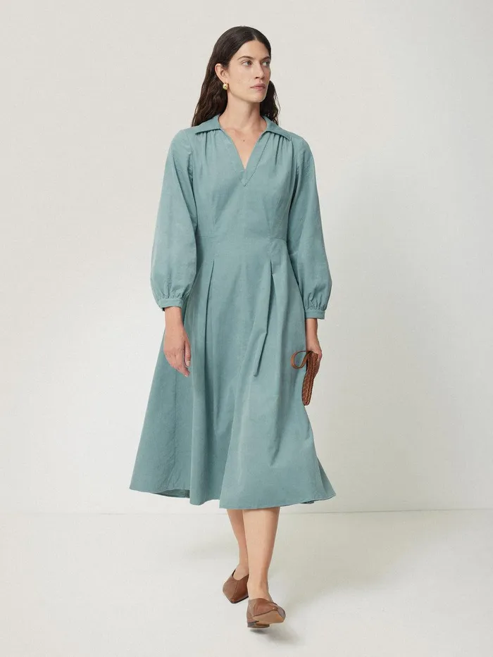 Women Corduroy V Neck Dress Blue Jigsaw Dresses and Jumpsuits