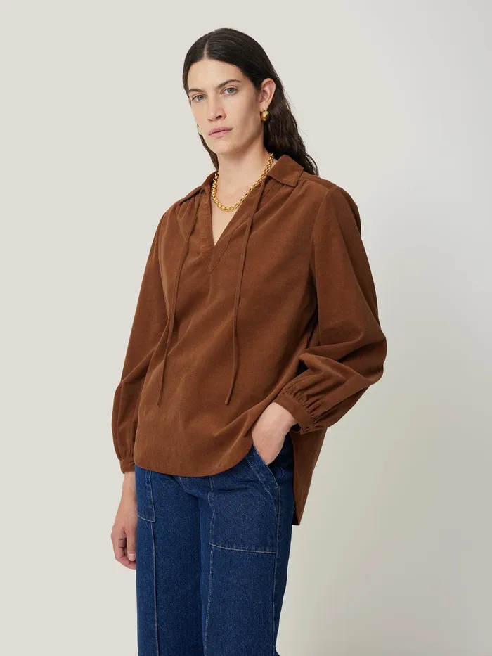 Women Corduroy V Neck Top Brown Jigsaw Shirts and Tops