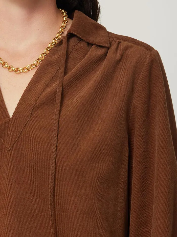 Women Corduroy V Neck Top Brown Jigsaw Shirts and Tops