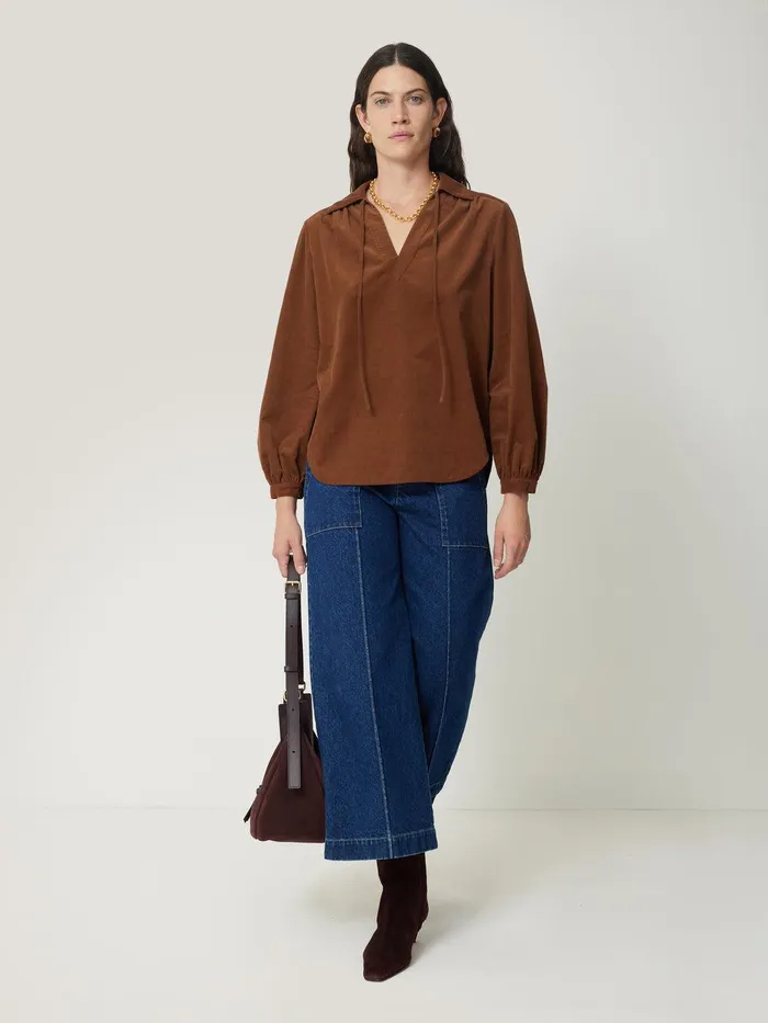 Women Corduroy V Neck Top Brown Jigsaw Shirts and Tops