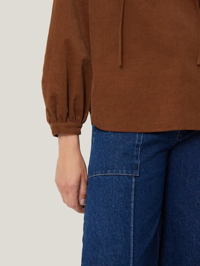 Women Corduroy V Neck Top Brown Jigsaw Shirts and Tops
