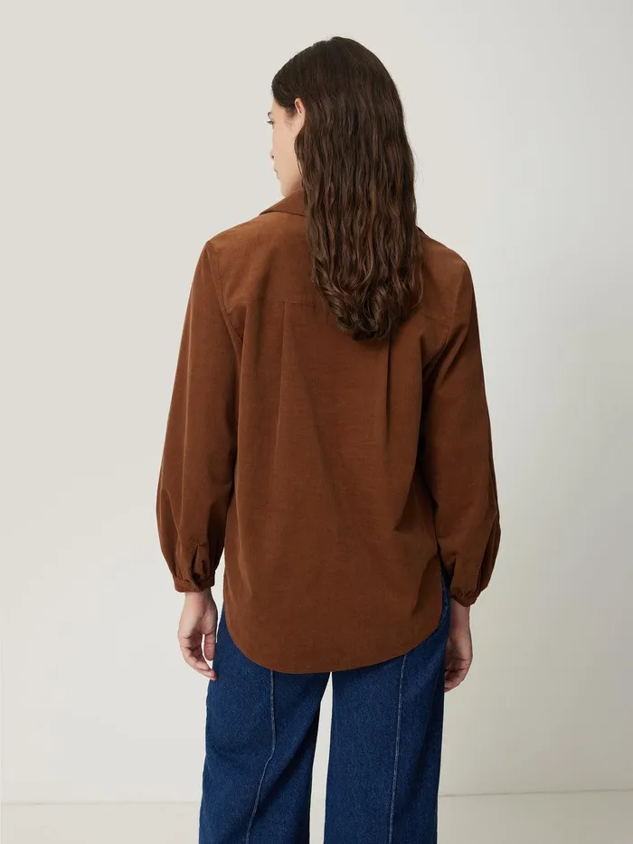 Women Corduroy V Neck Top Brown Jigsaw Shirts and Tops