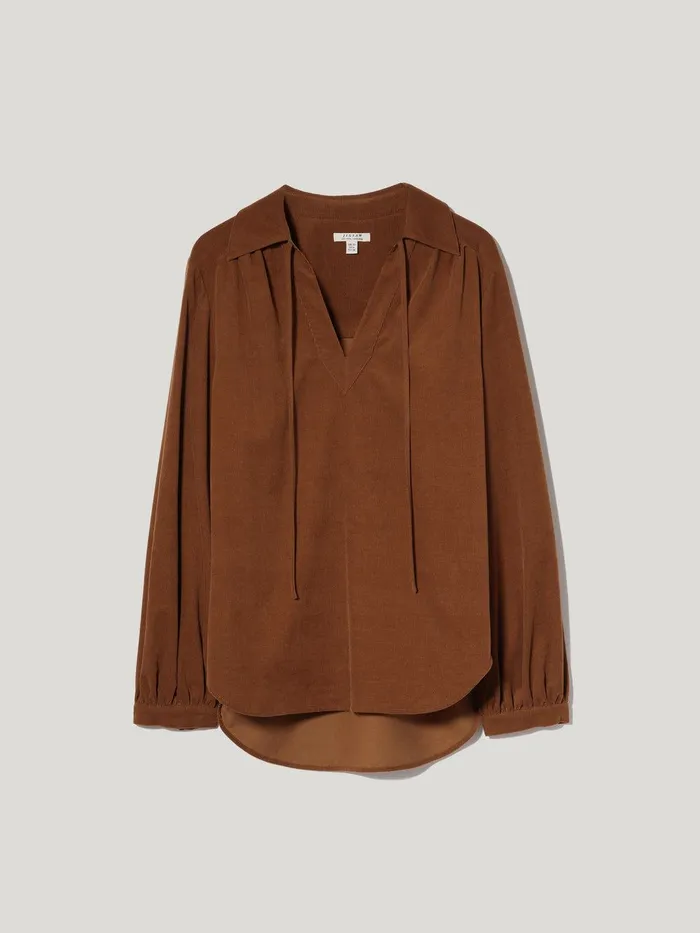 Women Corduroy V Neck Top Brown Jigsaw Shirts and Tops