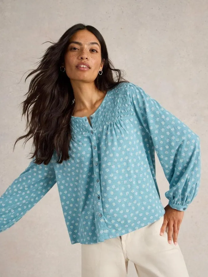 Women DANIELLA SHIRRED CREW NECK TOP Blue Print White Stuff Shirts and Blouses