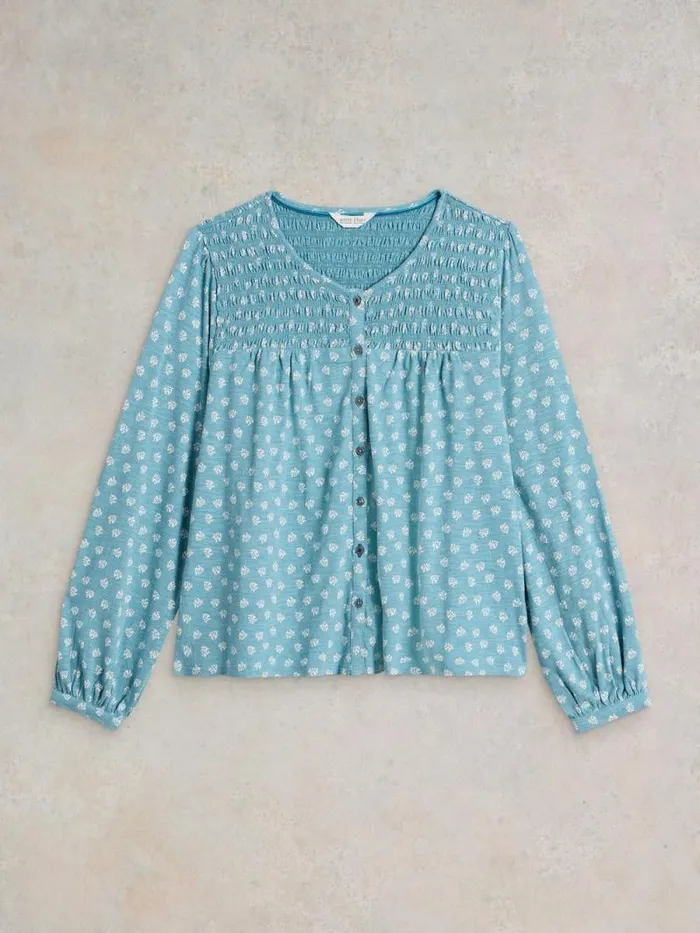 Women DANIELLA SHIRRED CREW NECK TOP Blue Print White Stuff Shirts and Blouses Women DANIELLA SHIRRED CREW NECK TOP Blue Print White Stuff Shirts and Blouses