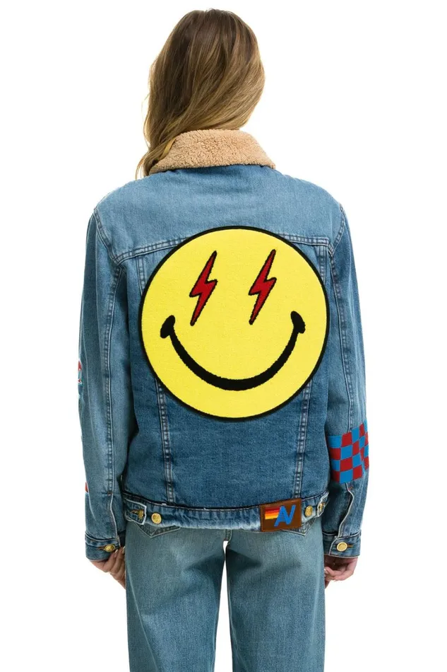 Women Denim Aviator Nation STOKED BOLT SMILEY RANCH SHERPA DENIM JACKET SUPER LIGHT