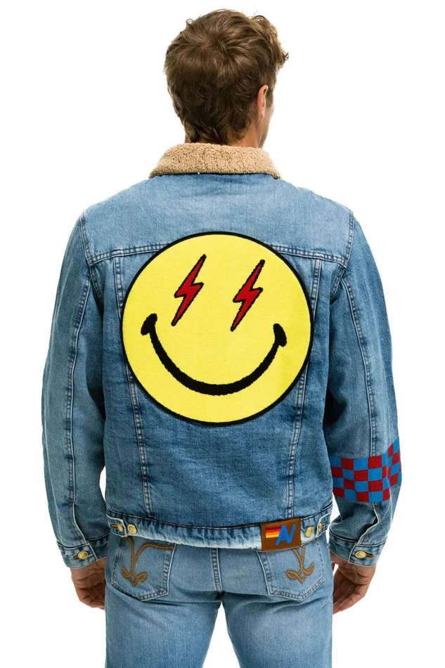 Women Denim Aviator Nation STOKED BOLT SMILEY RANCH SHERPA DENIM JACKET SUPER LIGHT Women Denim Aviator Nation STOKED BOLT SMILEY RANCH SHERPA DENIM JACKET SUPER LIGHT