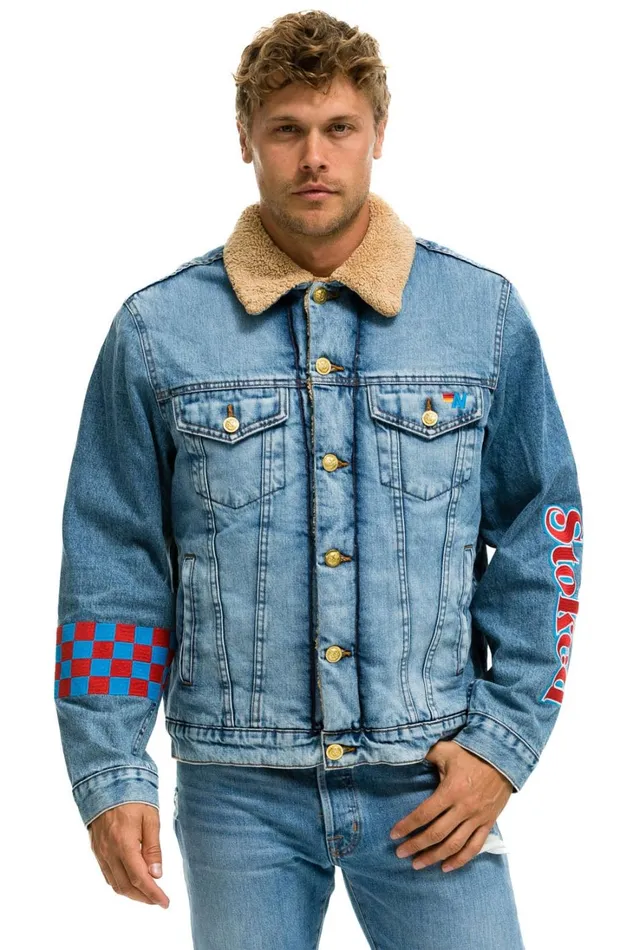 Women Denim Aviator Nation STOKED BOLT SMILEY RANCH SHERPA DENIM JACKET SUPER LIGHT Women Denim Aviator Nation STOKED BOLT SMILEY RANCH SHERPA DENIM JACKET SUPER LIGHT