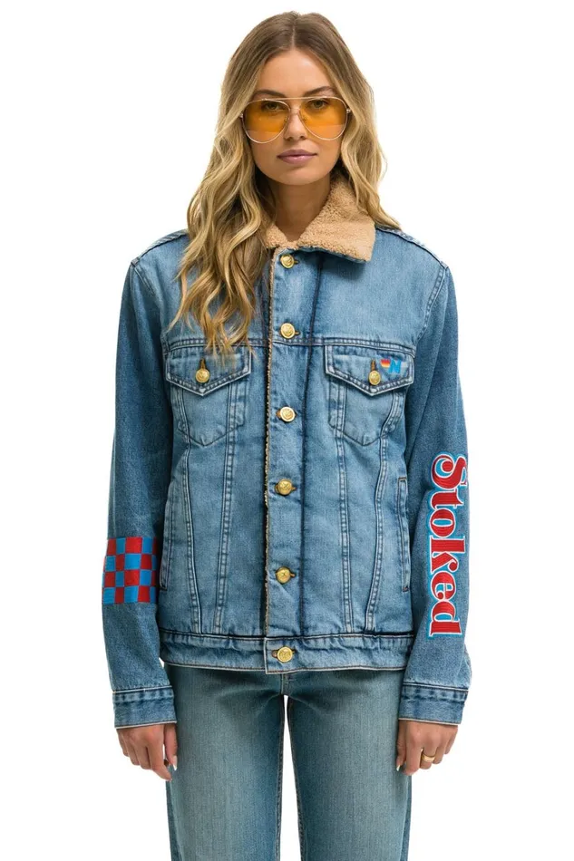 Women Denim Aviator Nation STOKED BOLT SMILEY RANCH SHERPA DENIM JACKET SUPER LIGHT Women Denim Aviator Nation STOKED BOLT SMILEY RANCH SHERPA DENIM JACKET SUPER LIGHT