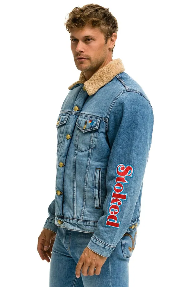 Women Denim Aviator Nation STOKED BOLT SMILEY RANCH SHERPA DENIM JACKET SUPER LIGHT Women Denim Aviator Nation STOKED BOLT SMILEY RANCH SHERPA DENIM JACKET SUPER LIGHT