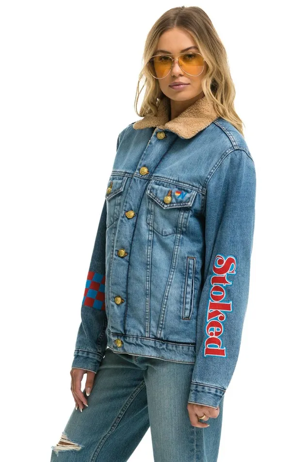 Women Denim Aviator Nation STOKED BOLT SMILEY RANCH SHERPA DENIM JACKET SUPER LIGHT Women Denim Aviator Nation STOKED BOLT SMILEY RANCH SHERPA DENIM JACKET SUPER LIGHT