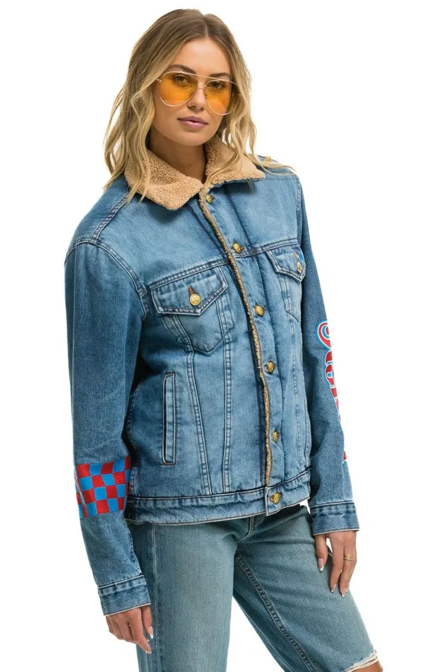 Women Denim Aviator Nation STOKED BOLT SMILEY RANCH SHERPA DENIM JACKET SUPER LIGHT Women Denim Aviator Nation STOKED BOLT SMILEY RANCH SHERPA DENIM JACKET SUPER LIGHT