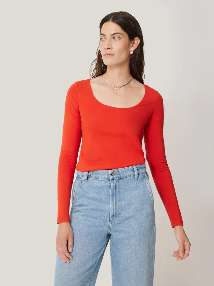 Women Double Front Ballet Neck Top Spice Orange Jigsaw Shirts and Tops