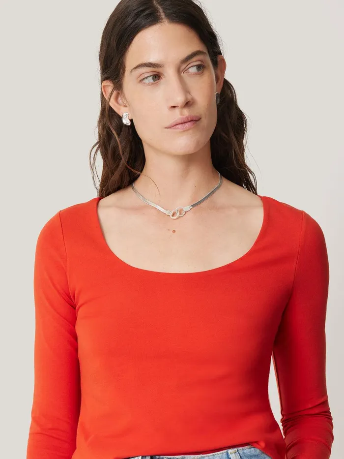 Women Double Front Ballet Neck Top Spice Orange Jigsaw Shirts and Tops