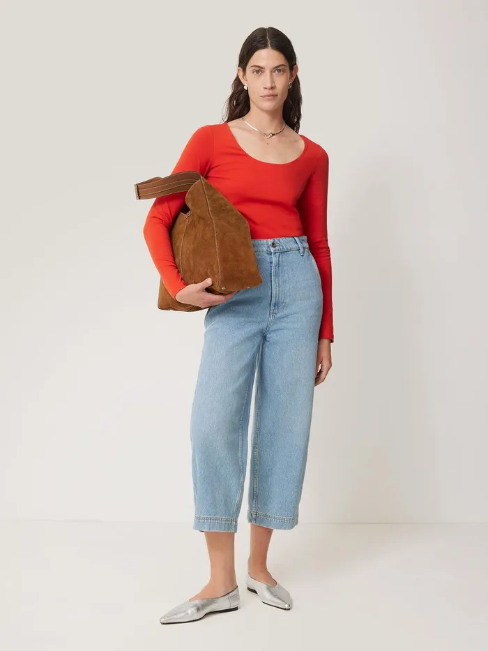 Women Double Front Ballet Neck Top Spice Orange Jigsaw Shirts and Tops