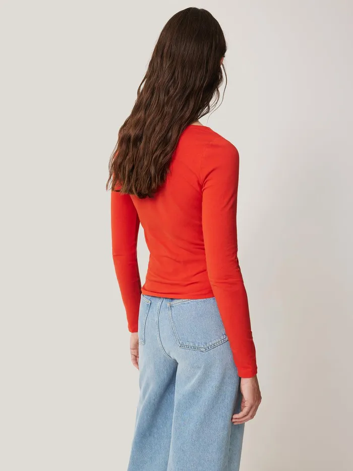 Women Double Front Ballet Neck Top Spice Orange Jigsaw Shirts and Tops
