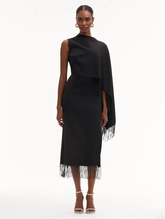 Women Dresses Oscar De La Renta Fringed Cape Midi Dress Anthracite Women Dresses Oscar De La Renta Fringed Cape Midi Dress Anthracite