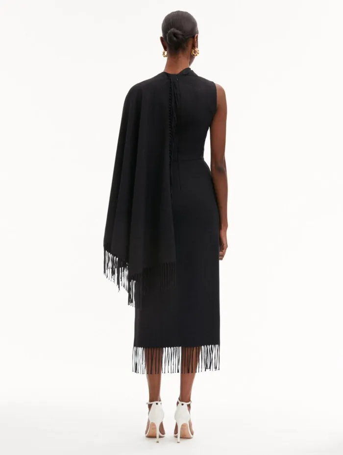 Women Dresses Oscar De La Renta Fringed Cape Midi Dress Anthracite Women Dresses Oscar De La Renta Fringed Cape Midi Dress Anthracite