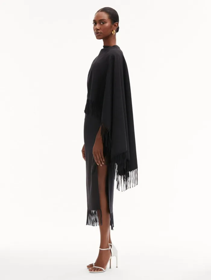 Women Dresses Oscar De La Renta Fringed Cape Midi Dress Anthracite Women Dresses Oscar De La Renta Fringed Cape Midi Dress Anthracite