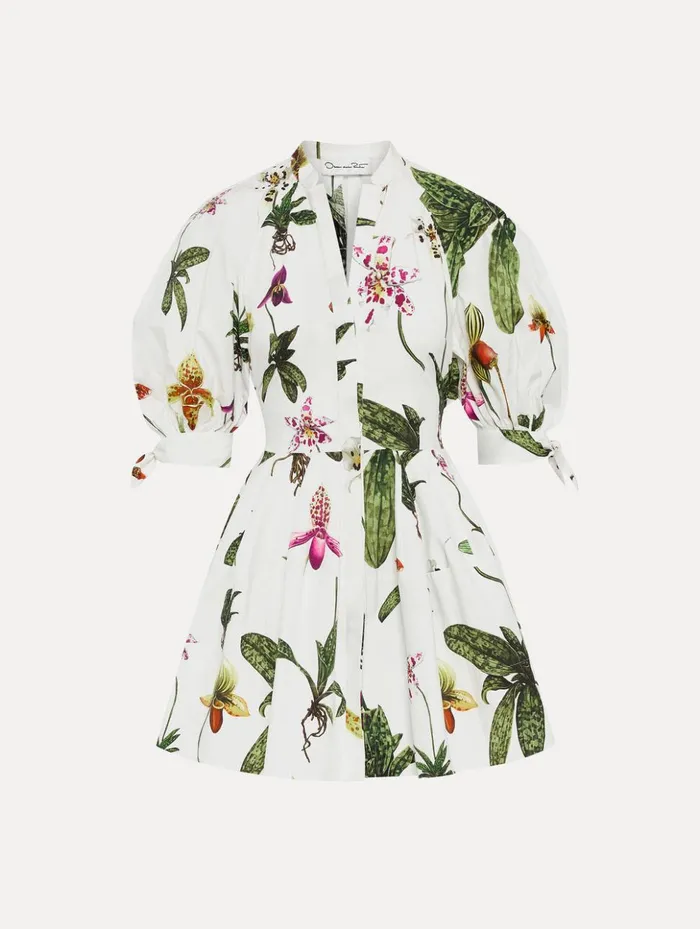 Women Dresses Oscar De La Renta Orchid Cotton Poplin Puff Sleeve Dress White Multi