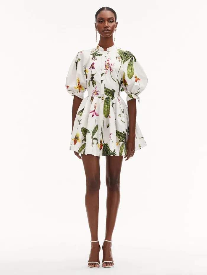 Women Dresses Oscar De La Renta Orchid Cotton Poplin Puff Sleeve Dress White Multi