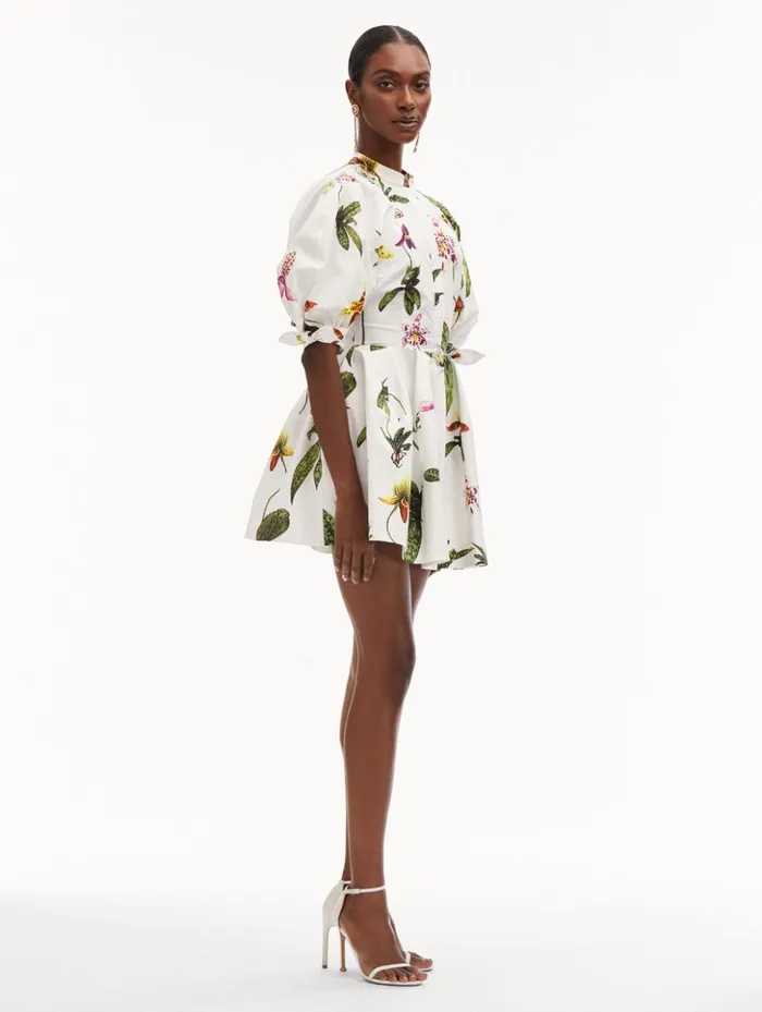 Women Dresses Oscar De La Renta Orchid Cotton Poplin Puff Sleeve Dress White Multi