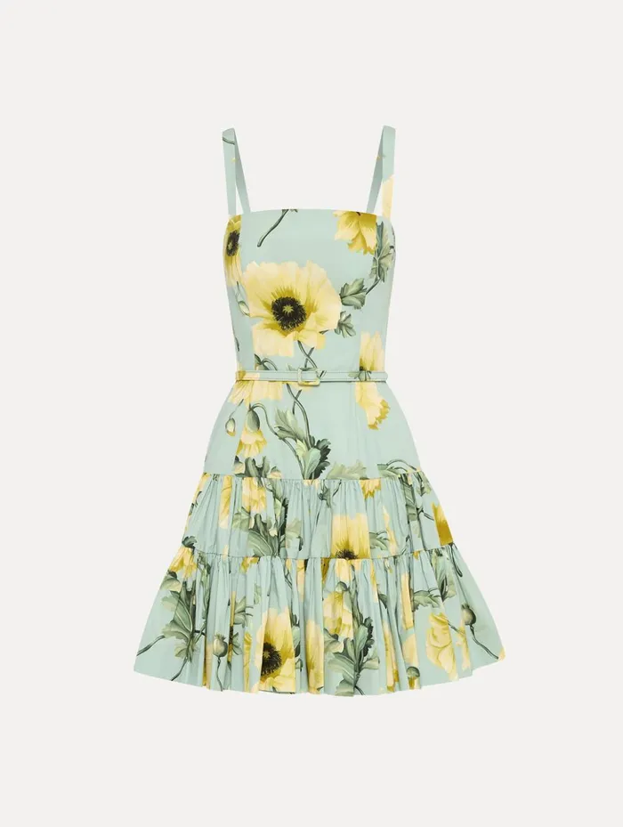 Women Dresses Oscar De La Renta Poppy Cotton Poplin Tiered Mini Dress Sage Yellow