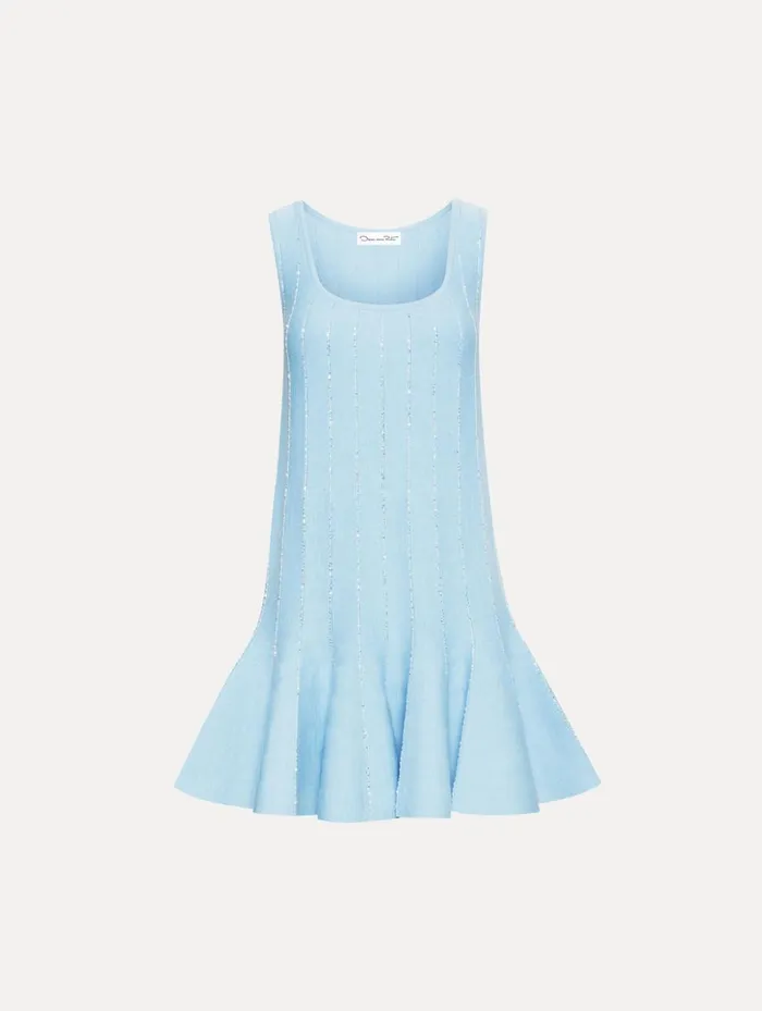 Women Dresses Oscar De La Renta Sequin Embroidered Knit Mini Dress Light Blue