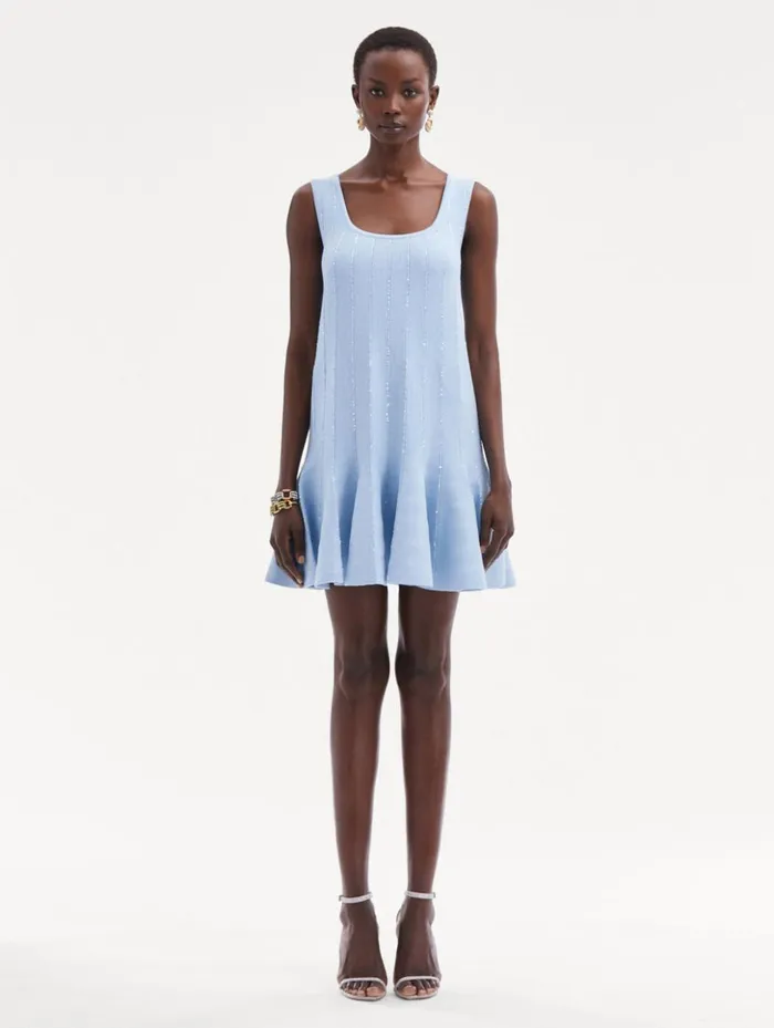 Women Dresses Oscar De La Renta Sequin Embroidered Knit Mini Dress Light Blue