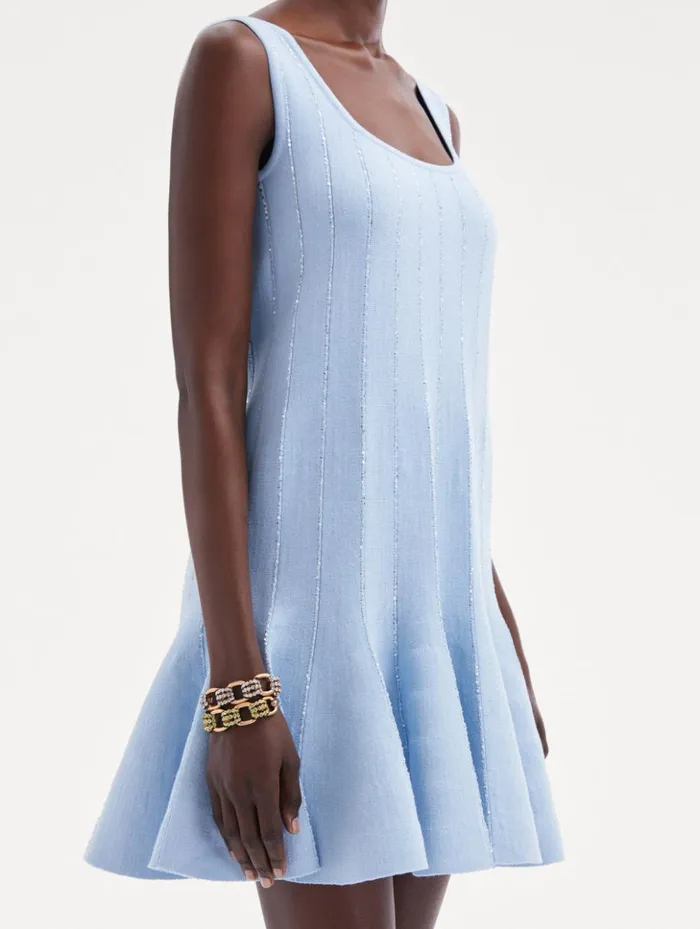 Women Dresses Oscar De La Renta Sequin Embroidered Knit Mini Dress Light Blue