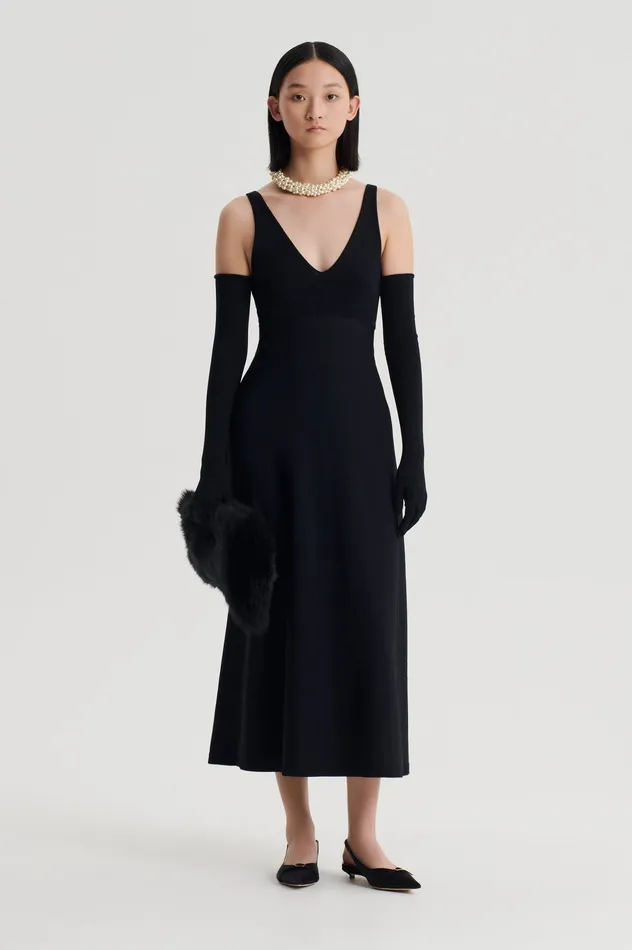 Women Dresses Scanlan Theodore CREPE KNIT V NECK DRESS BLACK