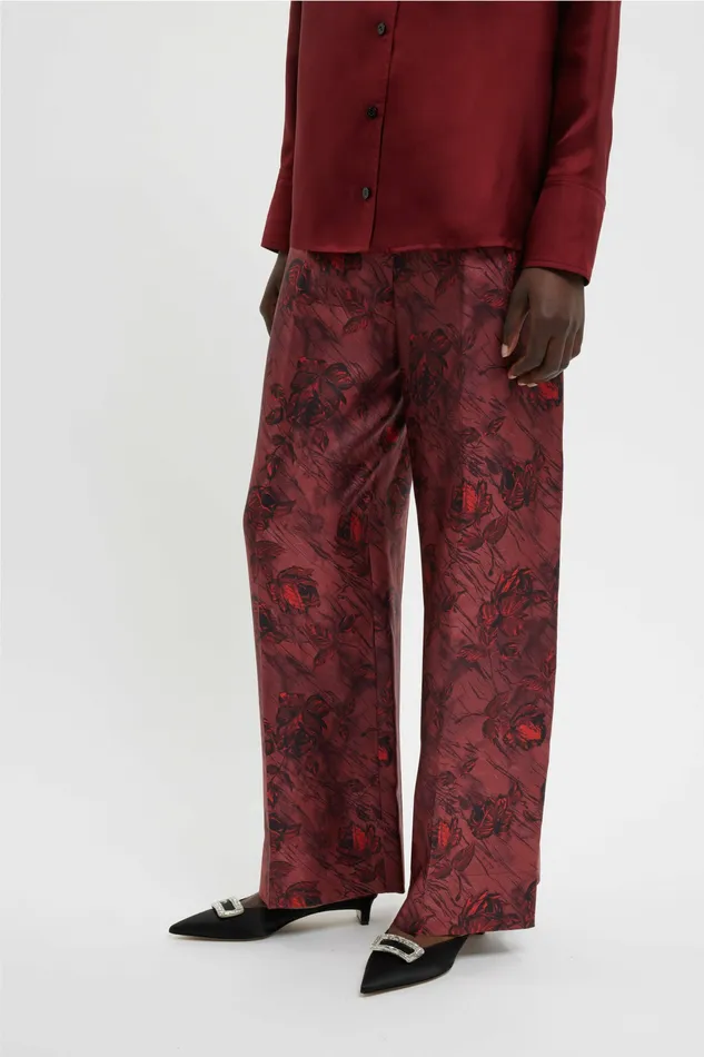 Women Emilia Wickstead Heqet Trousers In Red Roses On Marble Silk Twill Trousers