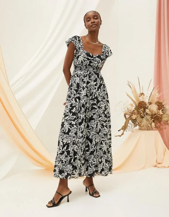 Women FatFace Copper and Black FatFace All Dressed Up Dahlia Botanical Midi Dress Black