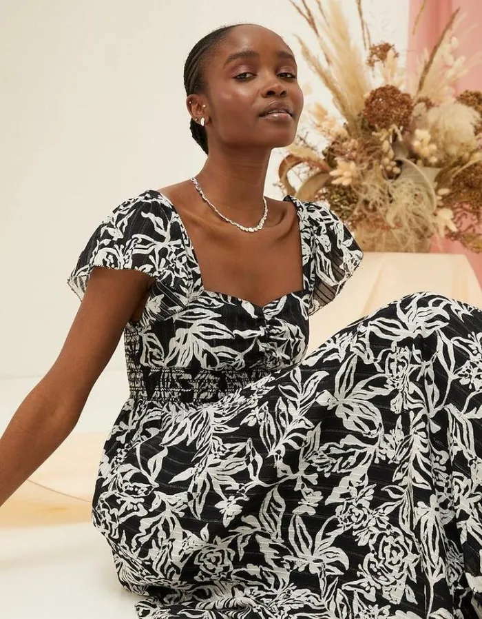 Women FatFace Copper and Black FatFace All Dressed Up Dahlia Botanical Midi Dress Black