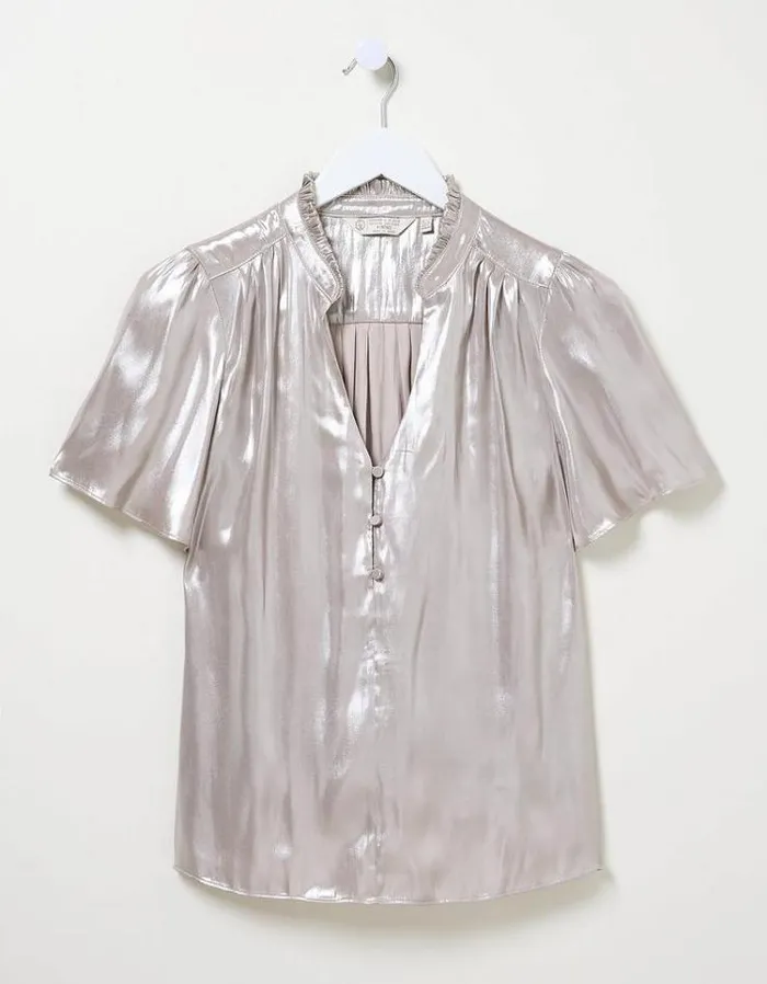 Women FatFace Copper and Black FatFace All Dressed Up Elda Metallic Blouse Light Silver