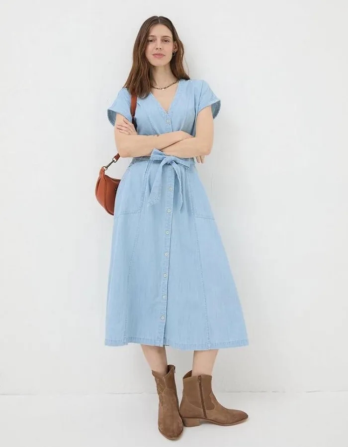 Women FatFace Festival Collection Odette Denim Midi Dress Chambray Blue