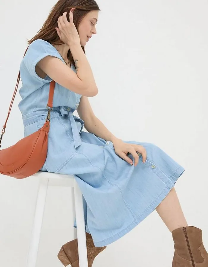 Women FatFace Festival Collection Odette Denim Midi Dress Chambray Blue