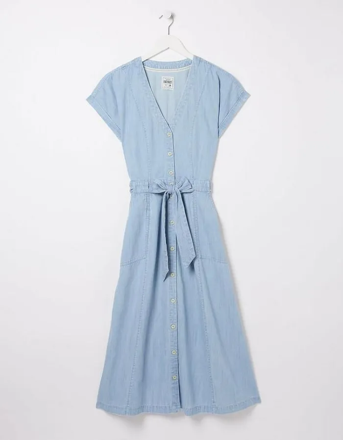 Women FatFace Festival Collection Odette Denim Midi Dress Chambray Blue