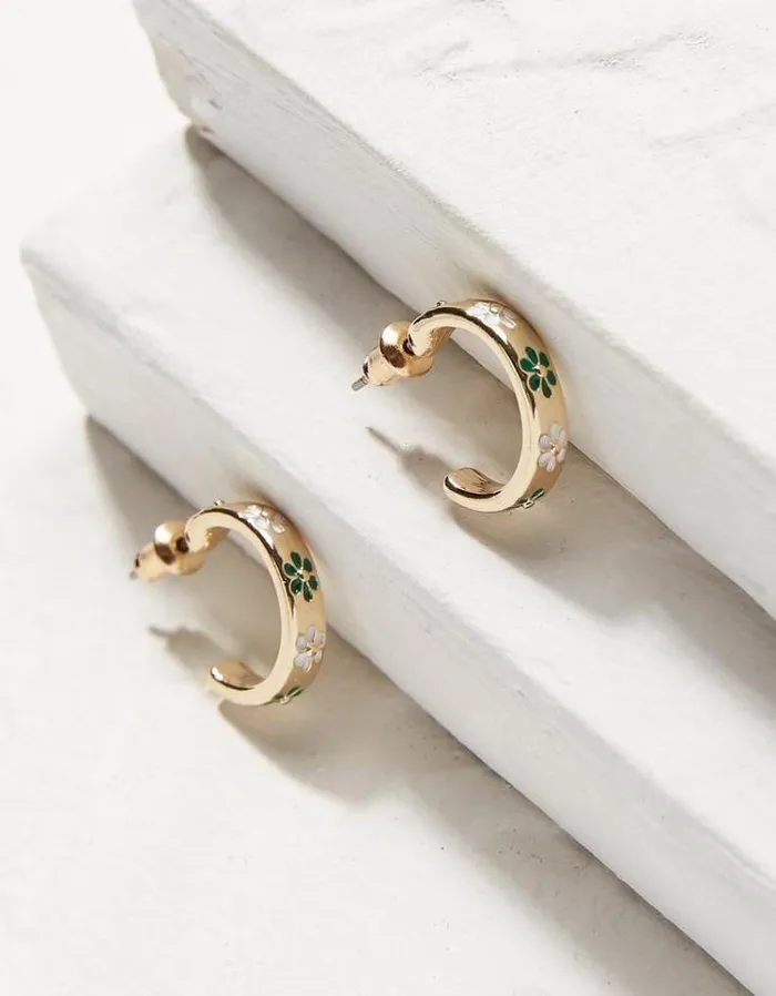 Women FatFace Jewelry Daisy Enamel Hoop Earrings Green