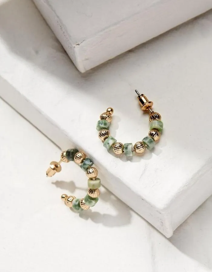 Women FatFace Jewelry Stone Hoop Earrings Green
