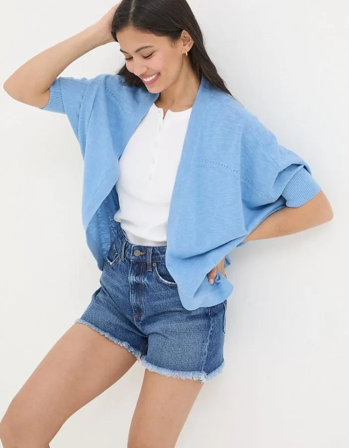 Women FatFace Linen Edit Iris Cocoon Edge Cardigan Chambray Blue
