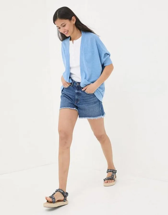 Women FatFace Linen Edit Iris Cocoon Edge Cardigan Chambray Blue