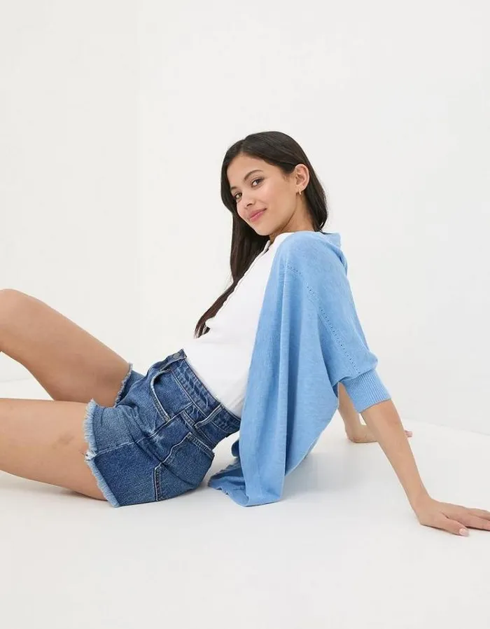 Women FatFace Linen Edit Iris Cocoon Edge Cardigan Chambray Blue
