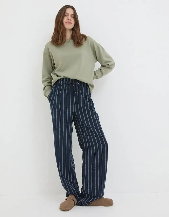 Women FatFace Pants and Leggings Iva Stripe Linen Blend Pants Navy