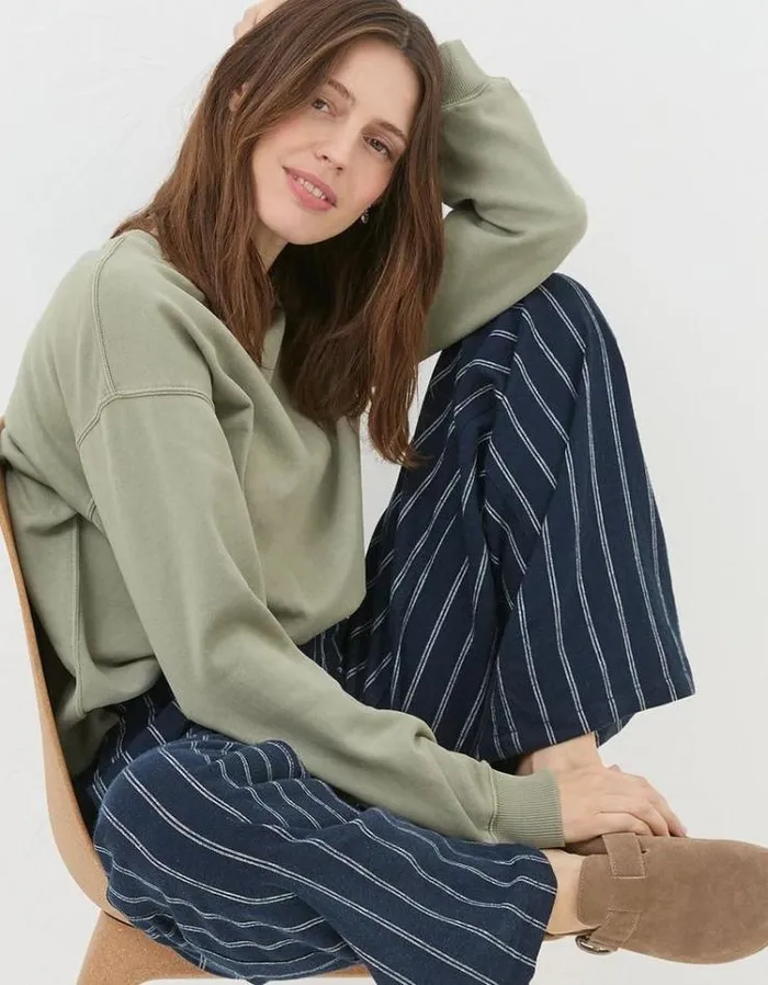 Women FatFace Pants and Leggings Iva Stripe Linen Blend Pants Navy