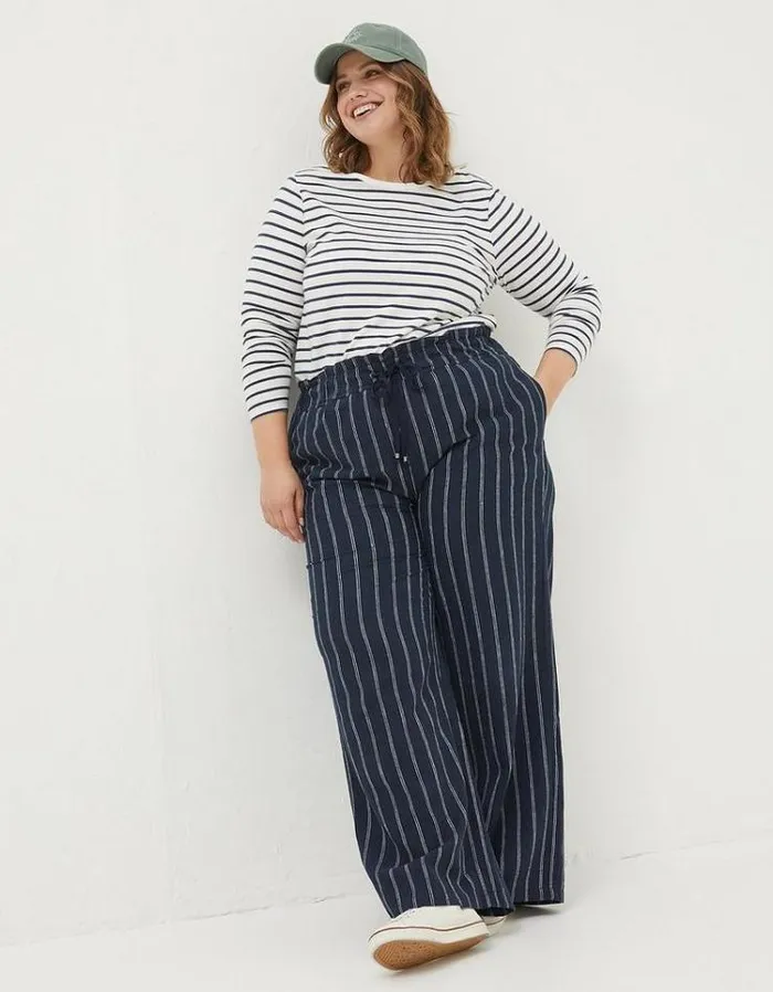 Women FatFace Pants and Leggings Iva Stripe Linen Blend Pants Navy