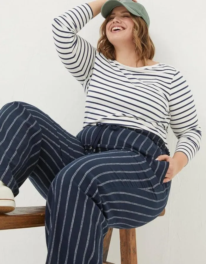 Women FatFace Pants and Leggings Iva Stripe Linen Blend Pants Navy
