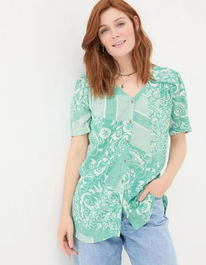 Women FatFace Shirts and Blouses Cassidy Patched Paisley Tunic Teal Blue